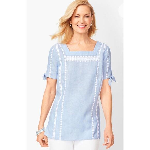 Talbots Blue Square Neck Linen Blend Peasant Top Embroidered Sz LP - Picture 1 of 5
